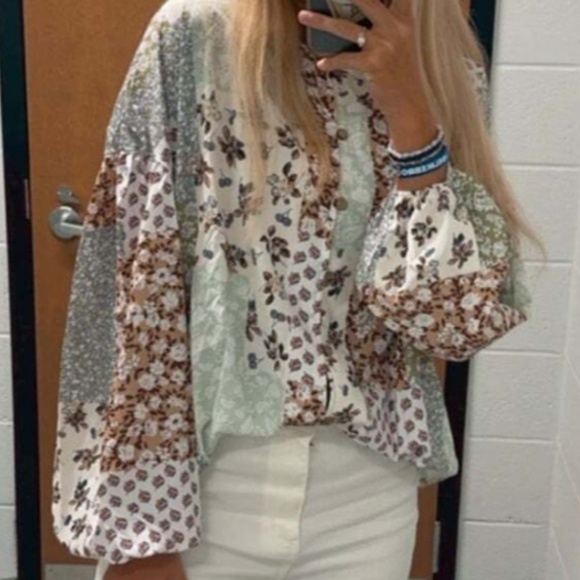 Boho Floral Print Button Down oversized Blouse - Picture 2 of 7
